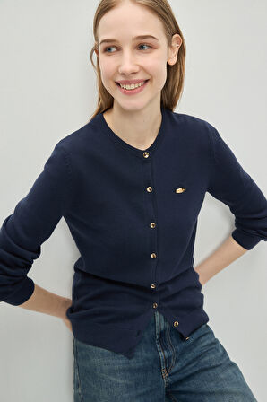 NOVA Lacivert Bisiklet Yaka Metal Logololu Standard Fit Kadın Hırka