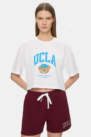 CARLY Beyaz Bisiklet Yaka Crop Baskılı %100 Pamuk Loose Fit Kadın Tshirt