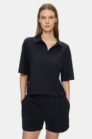 YOSEMAE Lacivert Polo Yaka Gofre Baskılı Baskılı Yumuşak Dokulu Modal Kumaş Loose Fit Kadın Tshirt