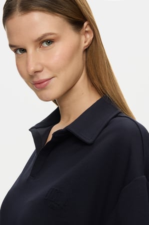 YOSEMAE Lacivert Polo Yaka Gofre Baskılı Baskılı Yumuşak Dokulu Modal Kumaş Loose Fit Kadın Tshirt