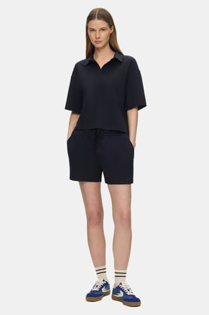 YOSEMAE Lacivert Polo Yaka Gofre Baskılı Baskılı Yumuşak Dokulu Modal Kumaş Loose Fit Kadın Tshirt
