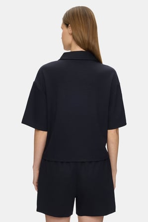 YOSEMAE Lacivert Polo Yaka Gofre Baskılı Baskılı Yumuşak Dokulu Modal Kumaş Loose Fit Kadın Tshirt