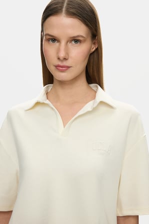 YOSEMAE Kemik Rengi Polo Yaka Baskılı Yumuşak Dokulu Modal Kumaş Loose Fit Kadın Tshirt