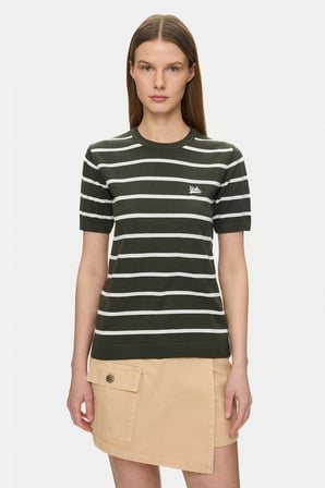 MISHA Haki Çizgili Bisiklet Yaka Triko Nakışlı %100 Pamuk Standard Fit Kadın Tshirt