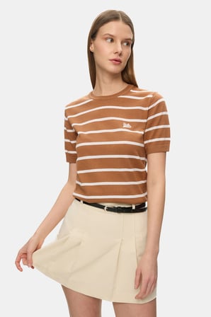 MISHA Kahve Çizgili Bisiklet Yaka Triko Nakışlı %100 Pamuk Standard Fit Kadın Tshirt
