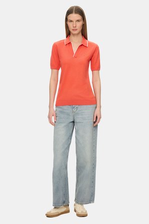 SASHA Pembe Polo Yaka Triko Nakışlı %100 Pamuk Standard Fit Kadın Tshirt