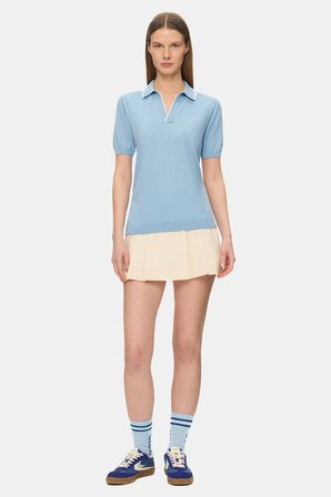 SASHA Gök Mavi Polo Yaka Triko Nakışlı %100 Pamuk Standard Fit Kadın Tshirt