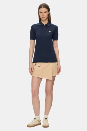 ASHERA Lacivert Polo Yaka Half Zip Triko Nakışlı %100 Pamuk Standard Fit Kadın Tshirt