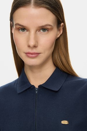 ASHERA Lacivert Polo Yaka Half Zip Triko Nakışlı %100 Pamuk Standard Fit Kadın Tshirt