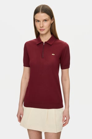 ASHERA Bordo Polo Yaka Half Zip Triko Nakışlı %100 Pamuk Standard Fit Kadın Tshirt