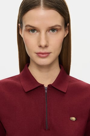 ASHERA Bordo Polo Yaka Half Zip Triko Nakışlı %100 Pamuk Standard Fit Kadın Tshirt