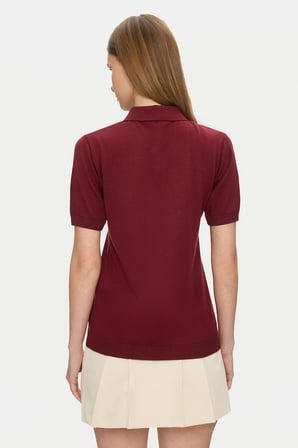 ASHERA Bordo Polo Yaka Half Zip Triko Nakışlı %100 Pamuk Standard Fit Kadın Tshirt