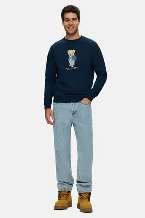 ROCKY Lacivert Bisiklet Yaka Pamuklu Baskılı Loose Fit Erkek Sweatshirt