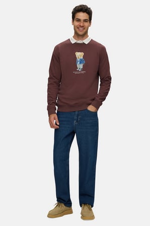 ROCKY Koyu Kahve Bisiklet Yaka Pamuklu Baskılı Loose Fit Erkek Sweatshirt