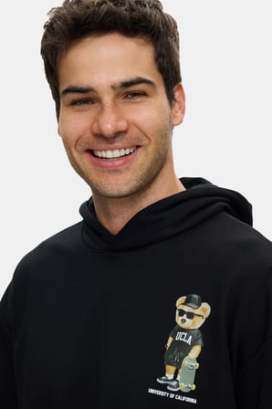 SAVIO Siyah Kapüşonlu Pamuklu Baskılı Loose Fit Erkek Sweatshirt