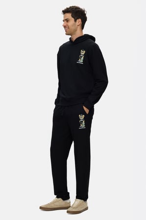 SAVIO Siyah Kapüşonlu Pamuklu Baskılı Loose Fit Erkek Sweatshirt