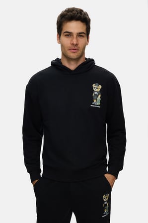 SAVIO Siyah Kapüşonlu Pamuklu Baskılı Loose Fit Erkek Sweatshirt