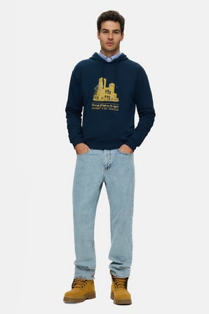 THAYER Lacivert Kapüşonlu Pamuklu Baskılı Loose Fit Erkek Sweatshirt