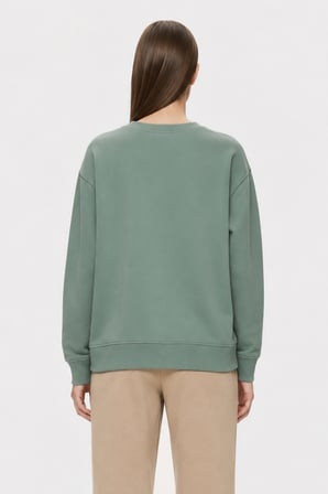 SUNNIVA Adaçayı Yeşili Bisiklet Yaka Pamuklu Nakışlı Loose Fit Kadın Sweatshirt