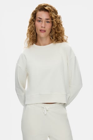 CLARICE Kemik Rengi Bisiklet Yaka Pamuklu Simli Taş Baskılı Loose Fit Kadın Sweatshirt