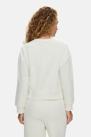 CLARICE Kemik Rengi Bisiklet Yaka Pamuklu Simli Taş Baskılı Loose Fit Kadın Sweatshirt