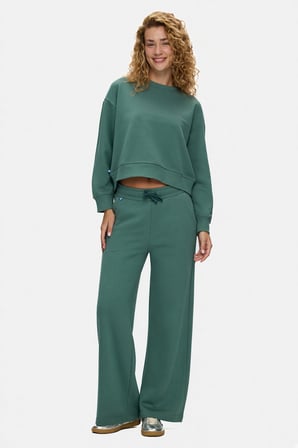 CLARICE Adaçayı Yeşili Bisiklet Yaka Pamuklu Simli Taş Baskılı Loose Fit Kadın Sweatshirt