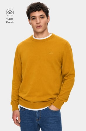 SENTO Hardal Sarısı Bisiklet Yaka %100 Pamuk Nakışlı Standard Fit Erkek Triko