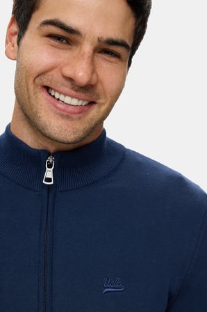 BRANDO Lacivert Fermuarlı Nakışlı %100 Pamuk Standard Fit Erkek Triko Hırka