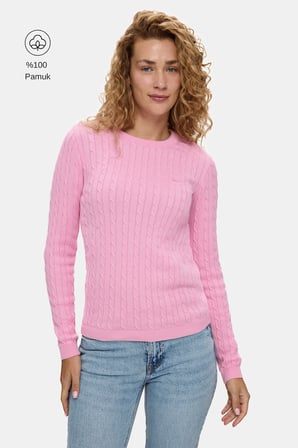 SHANU Pembe Bisiklet Yaka %100 Pamuk Nakışlı Standard Fit Kadın Triko