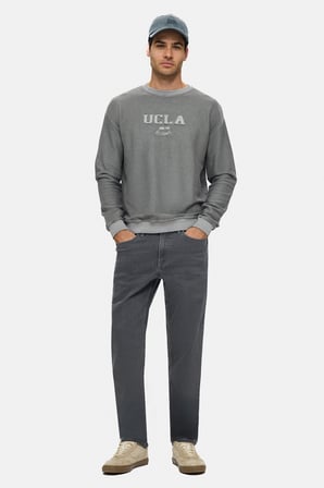 LEOPOLD Koyu Gri Bisiklet Yaka Pamuklu Baskılı Loose Fit Erkek Sweatshirt