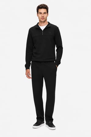 ZEON Siyah Yarım Fermuarlı Nakışlı Standard Fit Erkek Sweatshirt