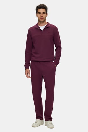 ZEON Bordo Yarım Fermuarlı Nakışlı Standard Fit Erkek Sweatshirt