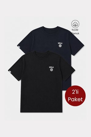 BASS 2'Li Set Lacivert & Siyah Bisiklet Yaka Baskılı %100 Pamuk Standard Fit Erkek Tshirt