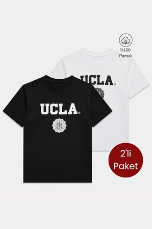 GAYLEY 2'Lİ Set Beyaz &Siyah Bisiklet Yaka Baskılı %100 Pamuk Standard Fit Erkek Tshirt