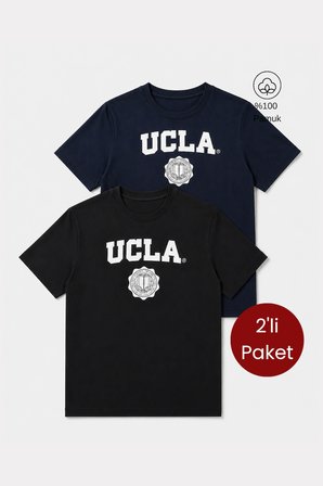 GAYLEY 2'Lİ Set Lacivert & Siyah Bisiklet Yaka Baskılı %100 Pamuk Standard Fit Erkek Tshirt