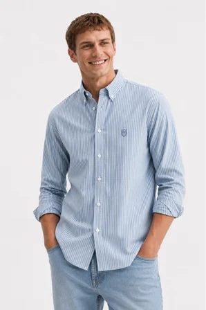 HUGH Mavi %100 Pamuk Çizgili Standard Fit Erkek Gömlek