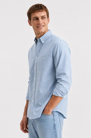 HUGH Mavi %100 Pamuk Çizgili Standard Fit Erkek Gömlek