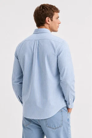 HUGH Mavi %100 Pamuk Çizgili Standard Fit Erkek Gömlek