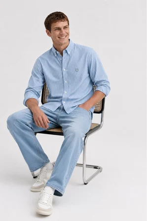 HUGH Mavi %100 Pamuk Çizgili Standard Fit Erkek Gömlek