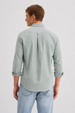 HUGH Yeşil %100 Pamuk Çizgili Standard Fit Erkek Gömlek