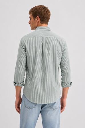 HUGH Yeşil %100 Pamuk Çizgili Standard Fit Erkek Gömlek