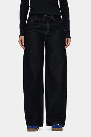 AURA Siyah Denim Wide Leg Pamuklu Nakışlı Standard Fit Kadın Pantolon