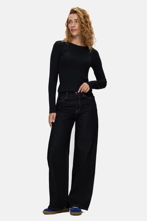 AURA Siyah Denim Wide Leg Pamuklu Nakışlı Standard Fit Kadın Pantolon