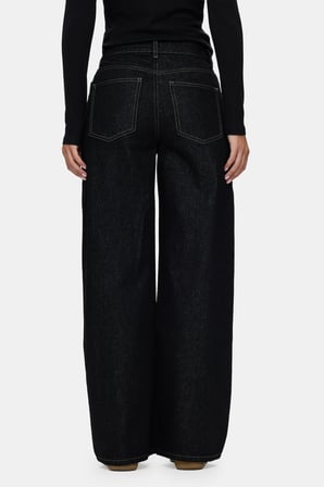 AURA Siyah Denim Wide Leg Pamuklu Nakışlı Standard Fit Kadın Pantolon