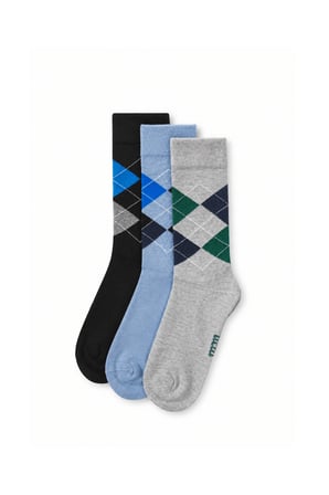 ARMAND 3'LÜ Gri Mavi Siyah Uzun Pamuklu Jakarlı Standard Fit Unisex Çorap