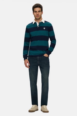 RUGBY Koyu Yeşil Nakışlı %100 Pamuk Polo Yaka Standard Fit Erkek Sweatshirt