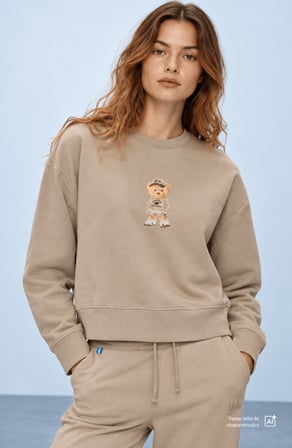 CARDI Bej Baskılı Pamuk Bisiklet Yaka Loose Fit Kadın Sweatshirt