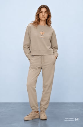 CARDI Bej Baskılı Pamuk Bisiklet Yaka Loose Fit Kadın Sweatshirt