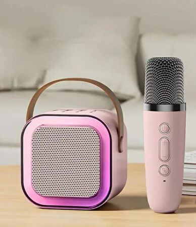 Rose K12 Taşınabilir Şarjlı Bluetooth Karaoke Mini Mikrofon ve Hoparlör Seti - Pembe