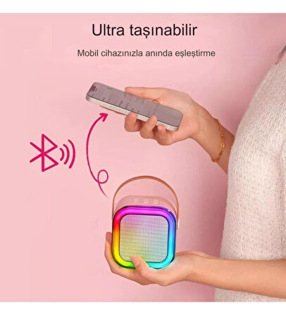Rose K12 Taşınabilir Şarjlı Bluetooth Karaoke Mini Mikrofon ve Hoparlör Seti - Pembe